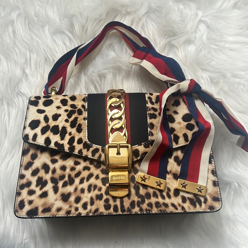 💯% Auth GUCCI Leather Bag - Sylvie Calf Hair Harako Leopard Print Shoulder Bag